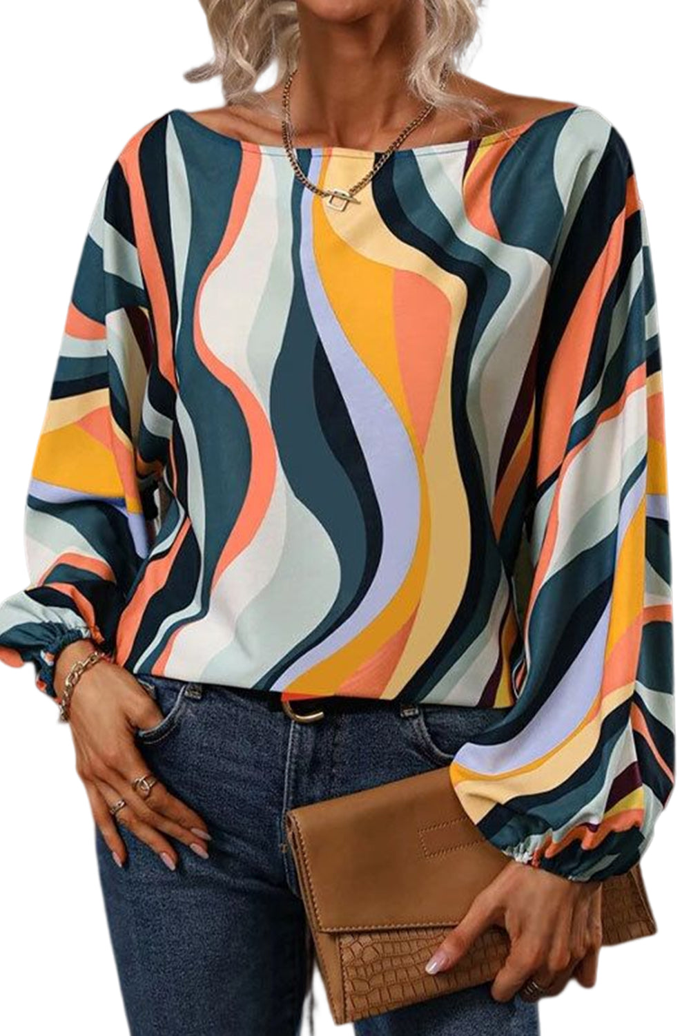 Multicolor Wavy Striped Boat Neck Puff Sleeve Blouse - LA Grand