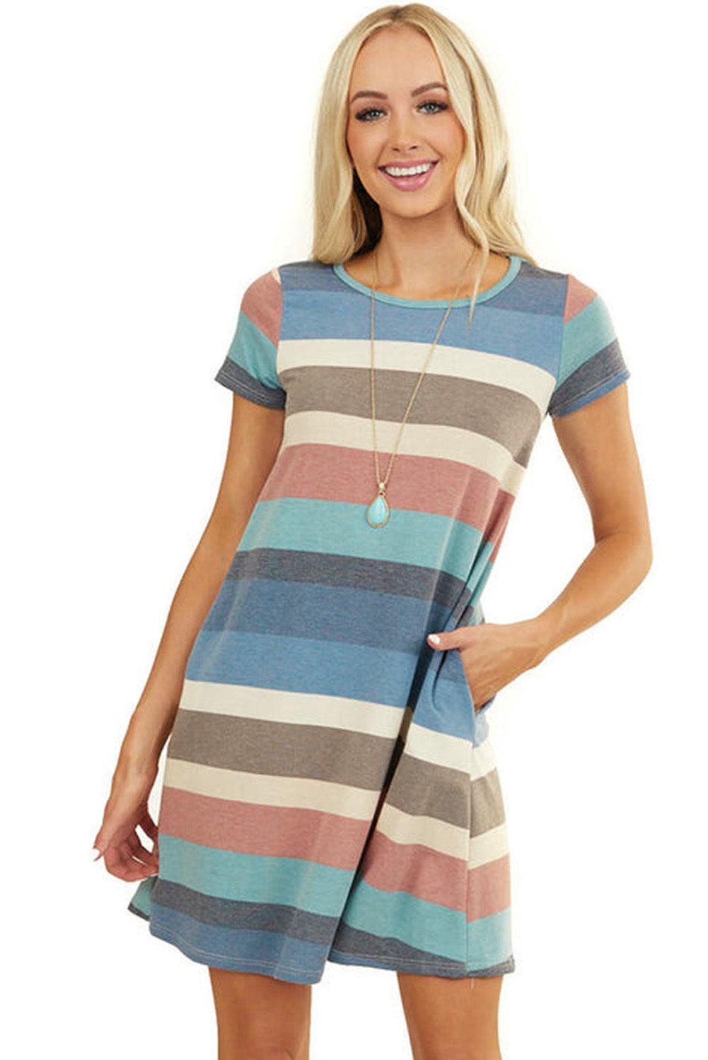 Multicolor Striped Pocket T Shirt Dress - LA Grand