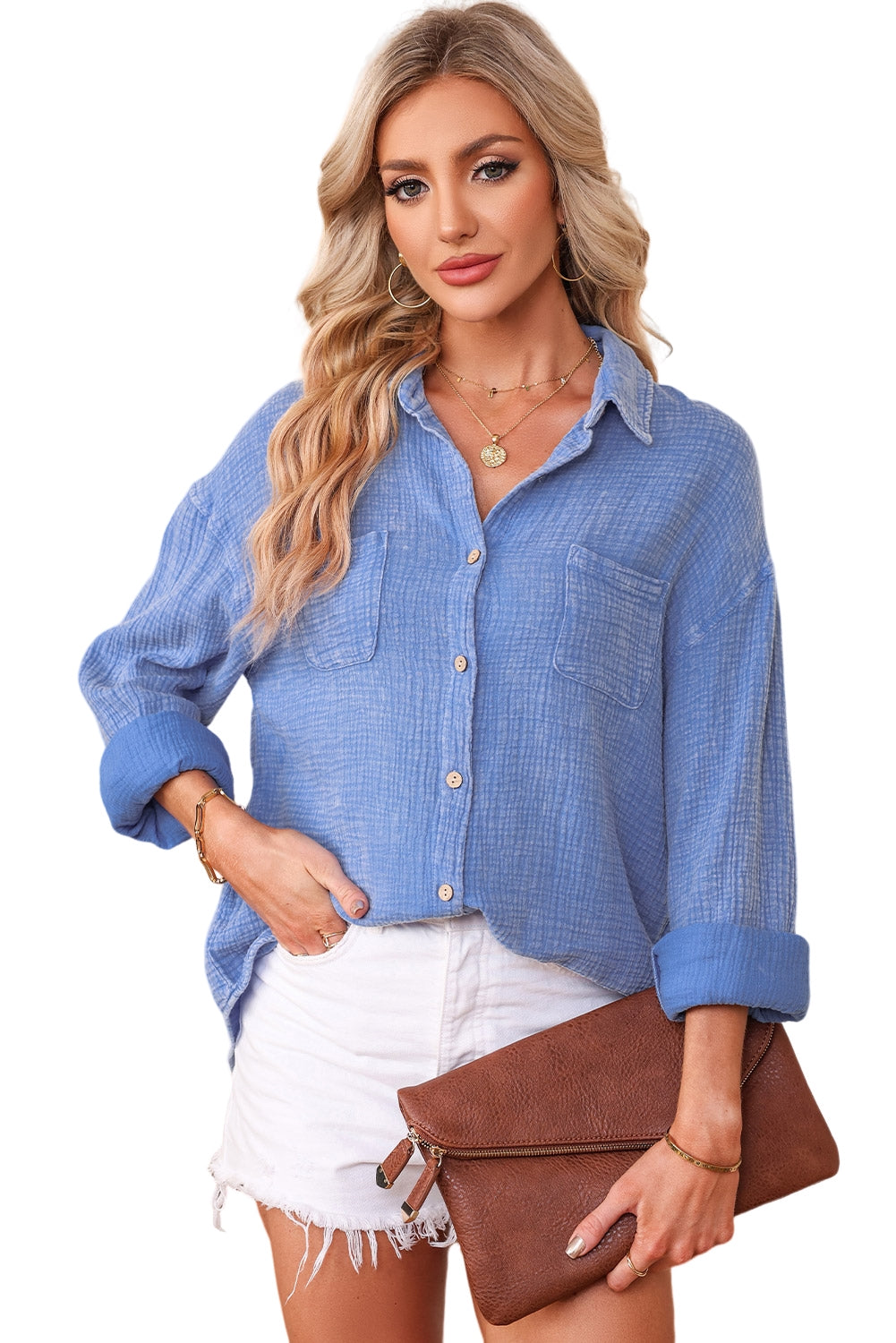 Sky Blue Mineral Wash Crinkle Textured Chest Pockets Shirt - LA Grand