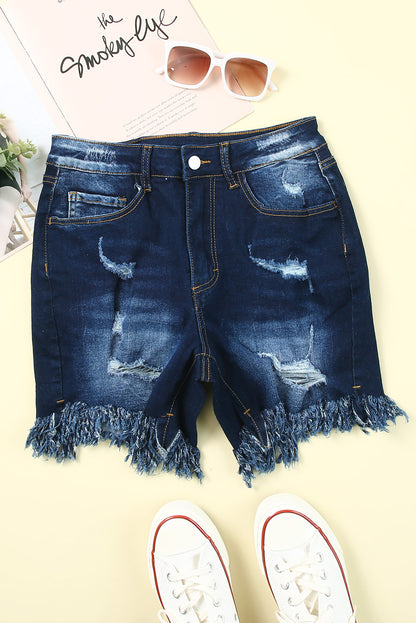 Blue High Waist Distressed Skinny Fit Denim Shorts - LA Grand