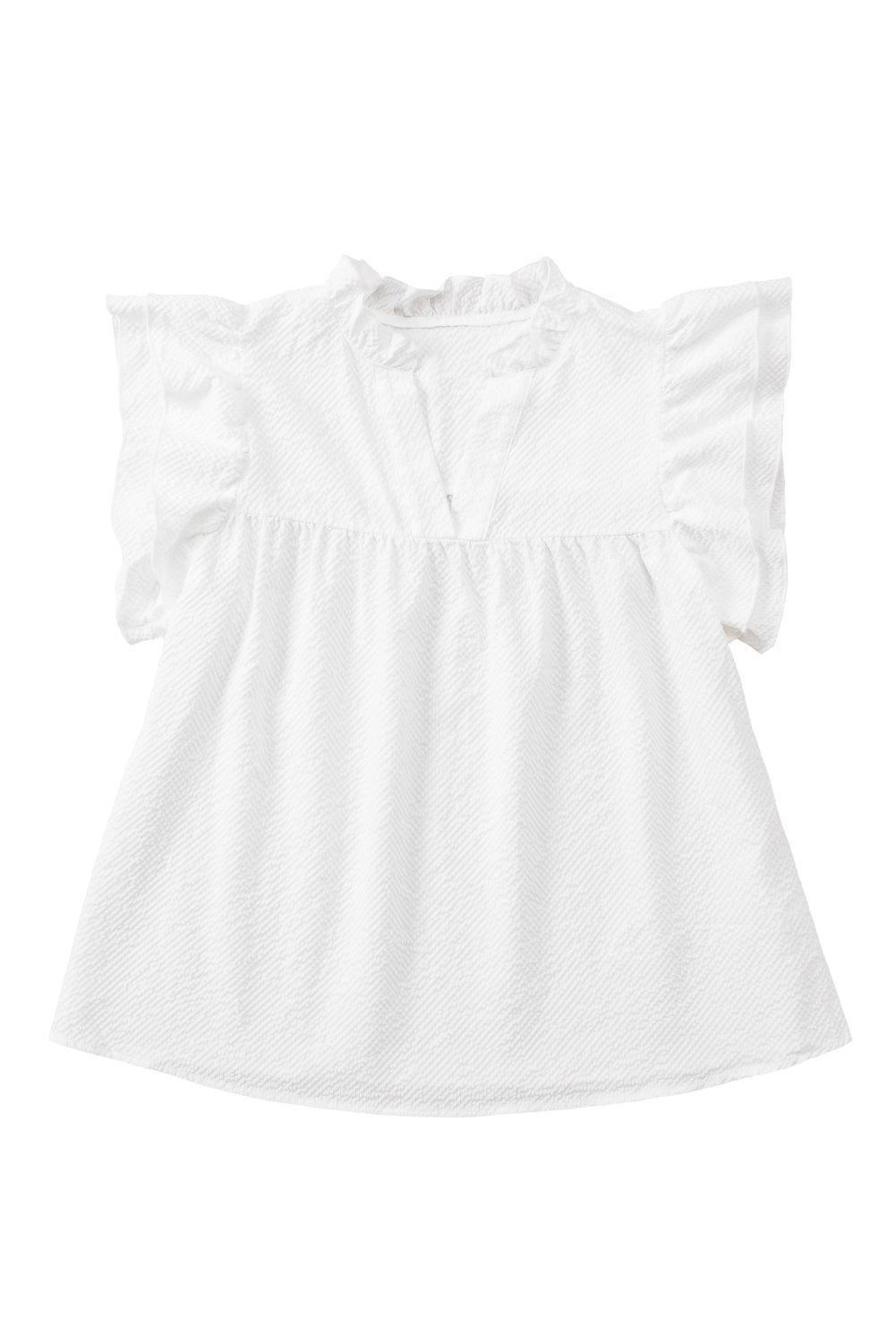 White Ruffle Accent Flutter Sleeve Notch Neck Top - LA Grand