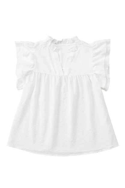 White Ruffle Accent Flutter Sleeve Notch Neck Top - LA Grand