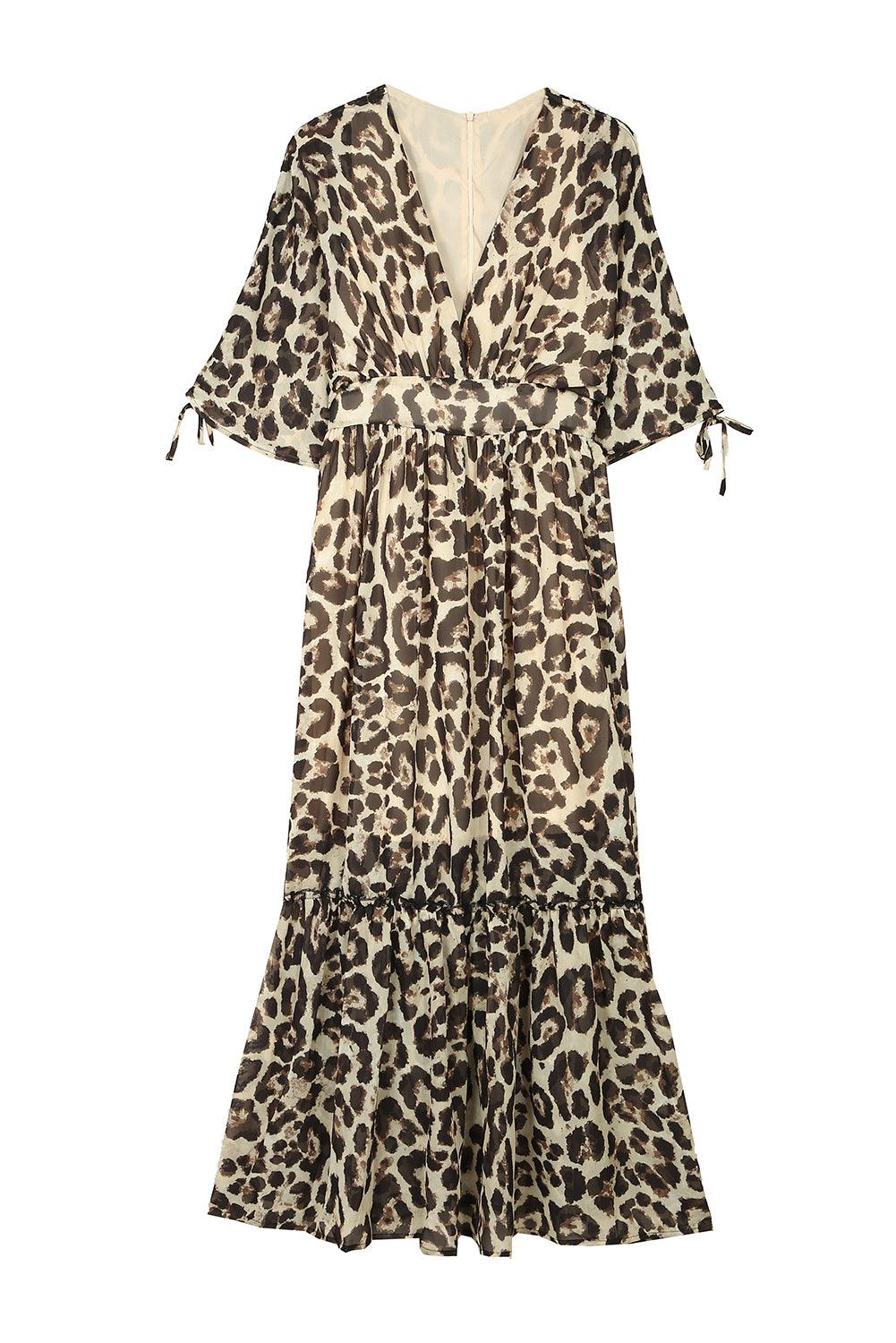 Elite Appeal: Leopard Print Drawstring V-Neck High Waist Long Dress - LA Grand