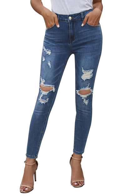 Blue Hollow Out Vintage Skinny Ripped Jeans - LA Grand