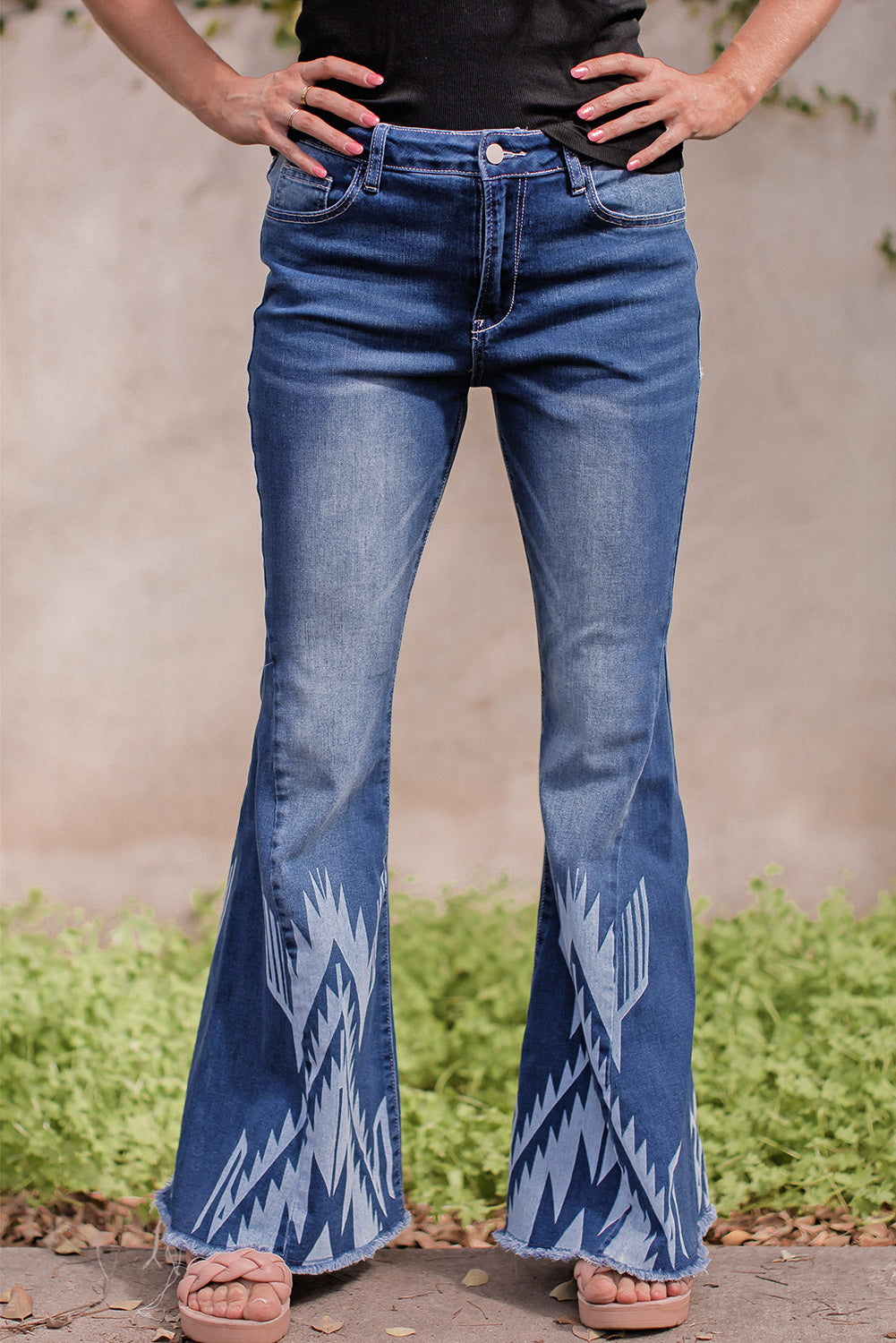 Blue Western Pattern High Rise Flare Jeans - LA Grand