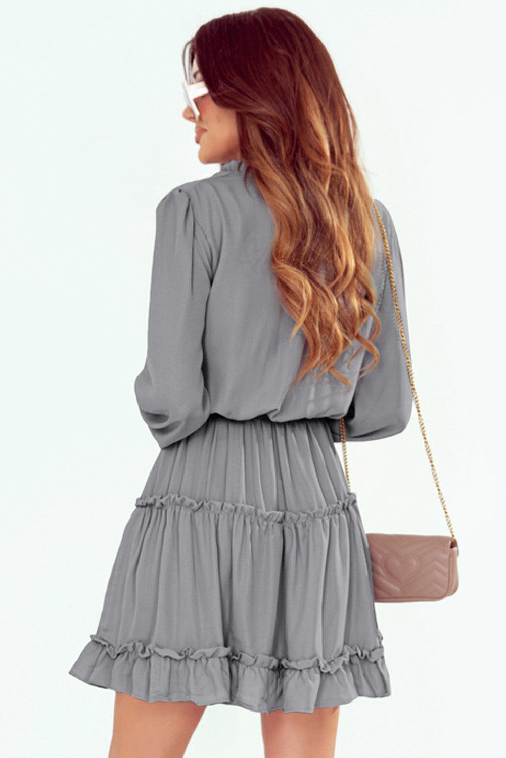 Dove Gray V-Neck Ruffle Tiered Mini Dress with Long Sleeves - LA Grand