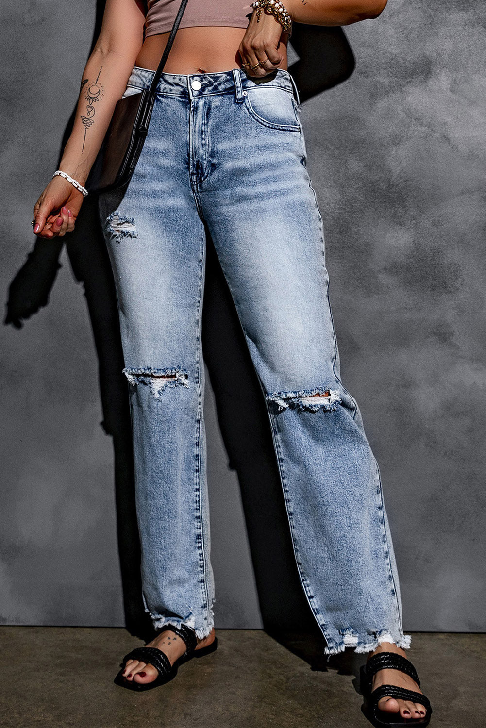 Sky Blue Washed Ripped Wide Leg High Waist Jeans - LA Grand