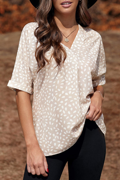 Apricot Animal Print V-neck Rolled Sleeve Tunic Top - LA Grand