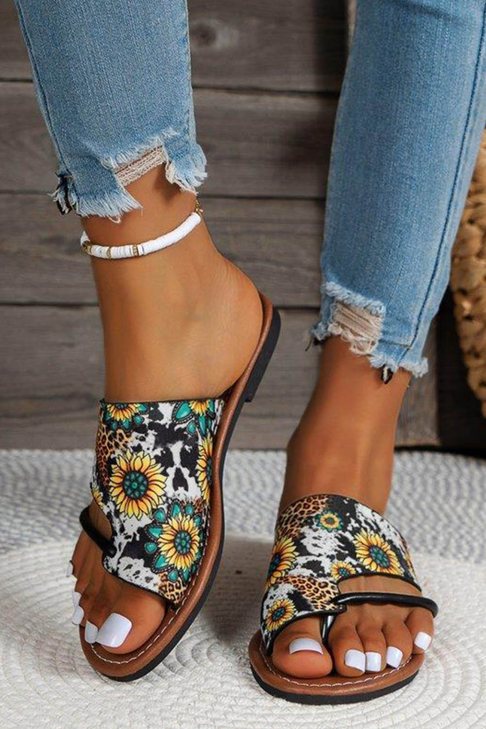 Multicolor Boho Sunflower Print Flat Flip Flops - LA Grand