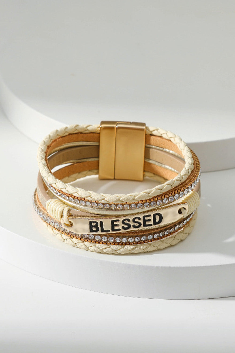 Beige BLESSED Rhinestone Braided Detail Buckle Bracelet - LA Grand