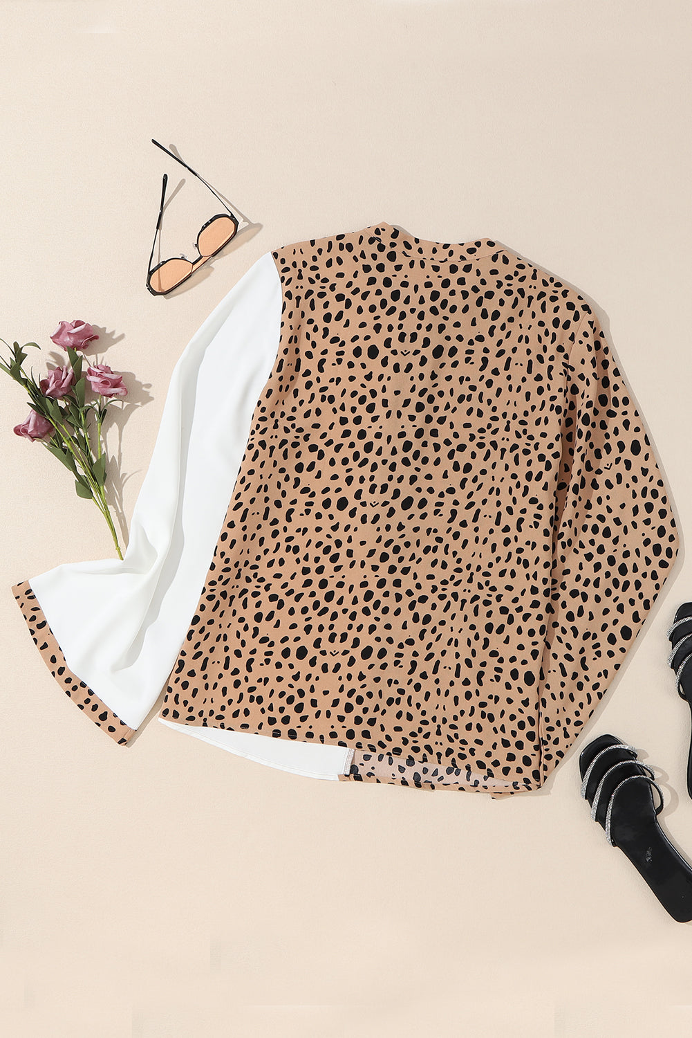 Khaki Leopard Contrast Half Button Casual Blouse - LA Grand