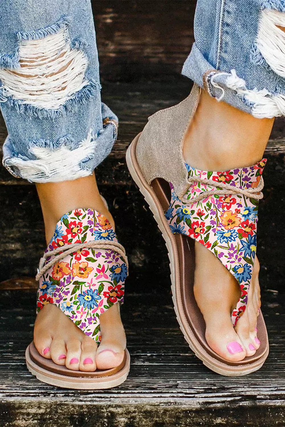 Multicolor Floral Print Zipped Flip Flop Sandals - LA Grand