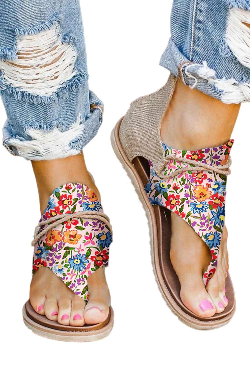 Multicolor Floral Print Zipped Flip Flop Sandals - LA Grand