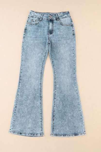 Sky Blue Subtle Ripped Detail Flare Bottom Jeans - LA Grand