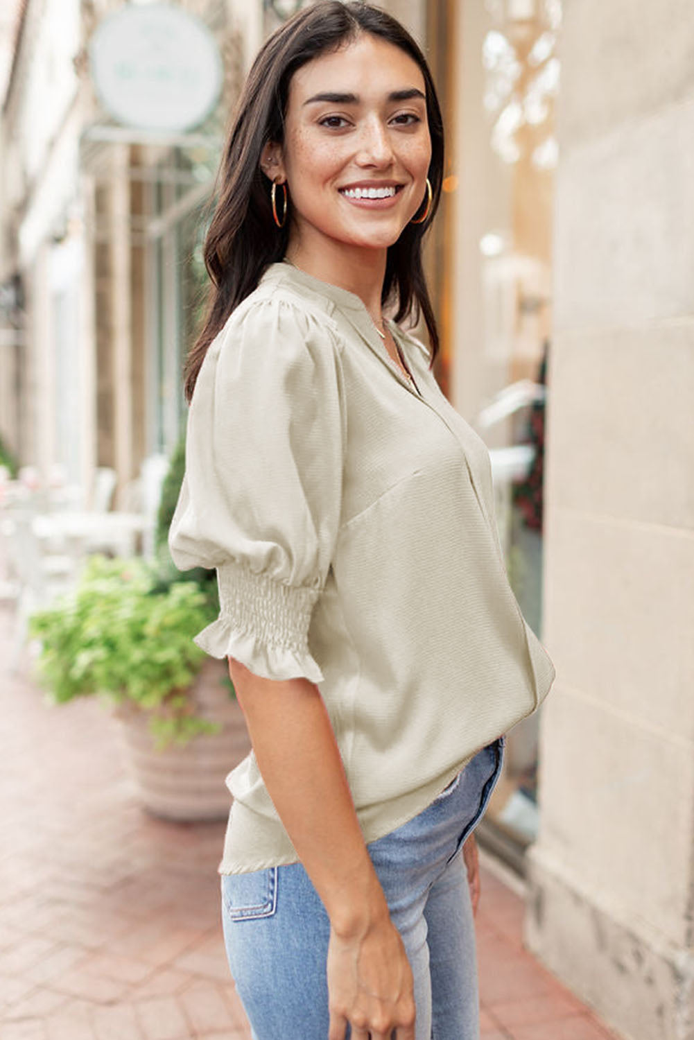 Fiery Red Solid Color Half Sleeve V Neck Blouse - LA Grand