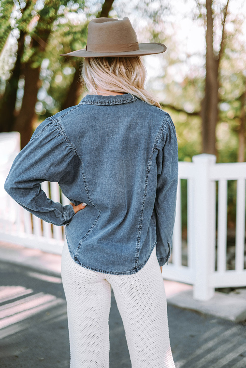 Sky Blue Medium Wash Collared Seamed Denim Shirt - LA Grand