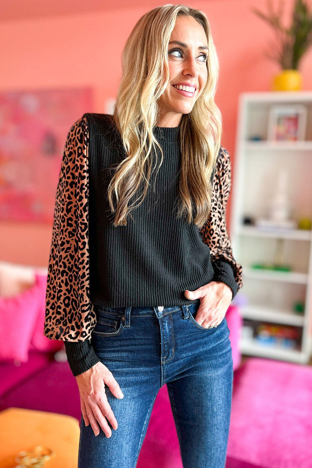 Apricot Leopard Print Long Sleeve Ribbed Knit Blouse - LA Grand