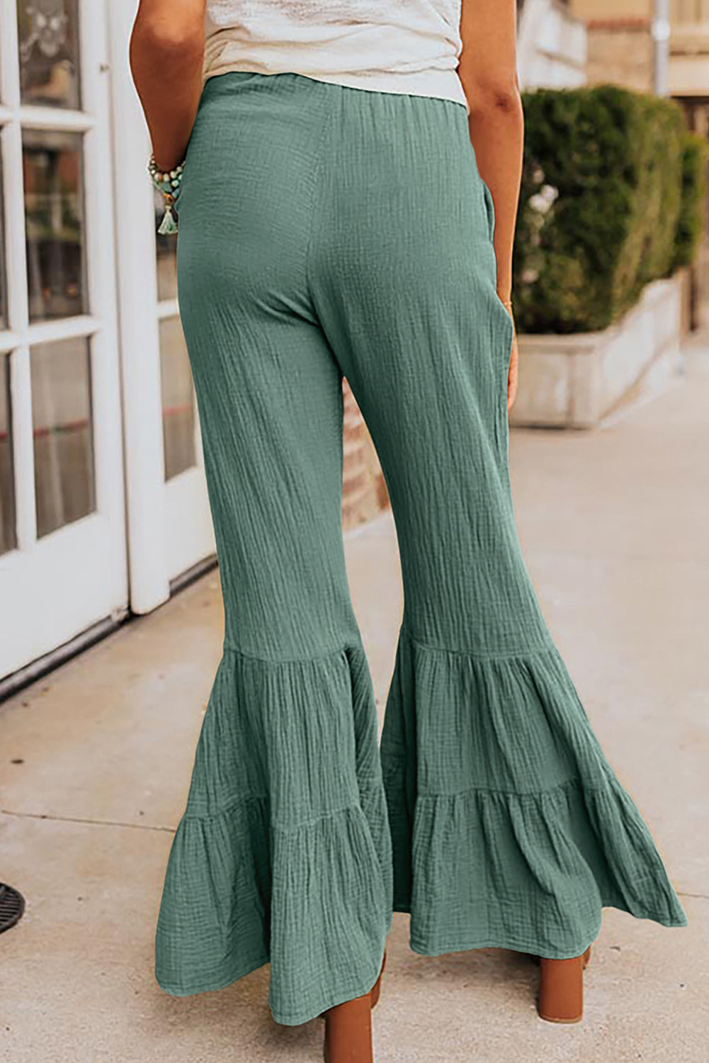 Green Textured High Waist Ruffled Bell Bottom Pants - LA Grand