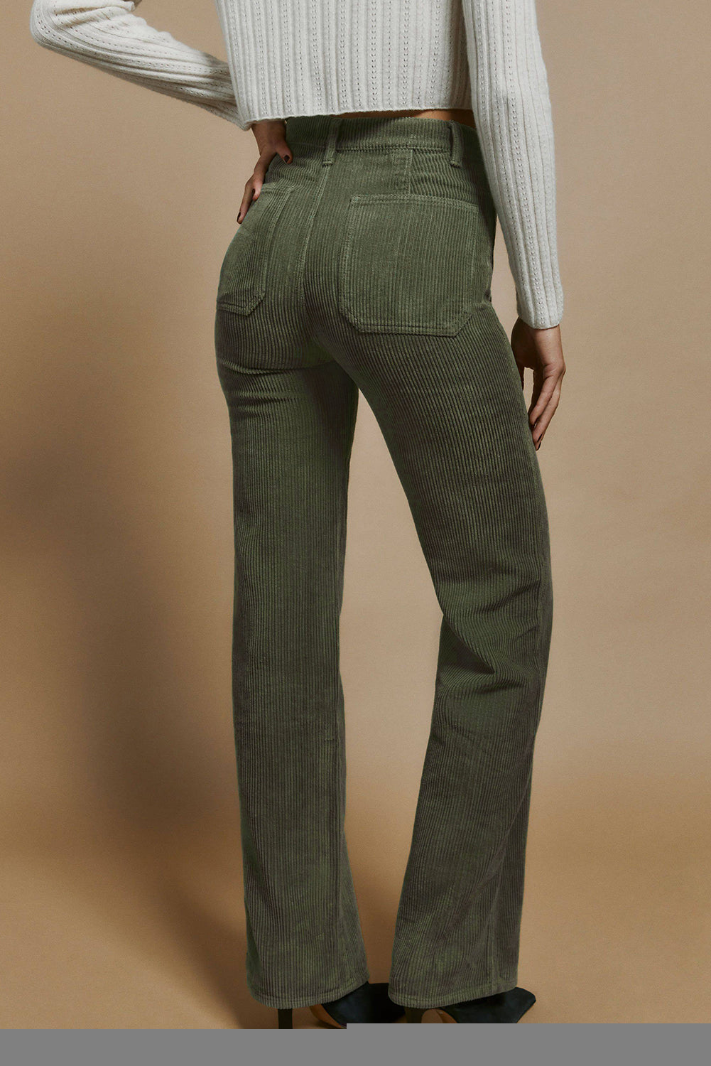 Green High Waist Square Pockets Corduroy Pants - LA Grand