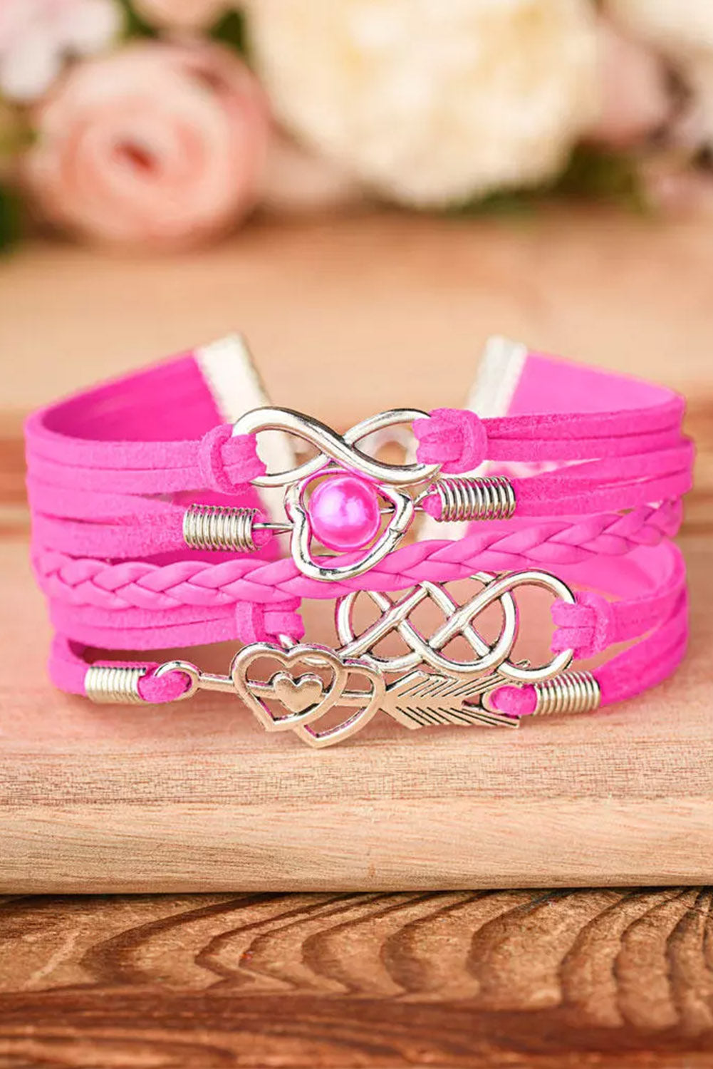 Rose Red Multi-layer Vintage Leather Heart Braided Infinity Bracelet - LA Grand