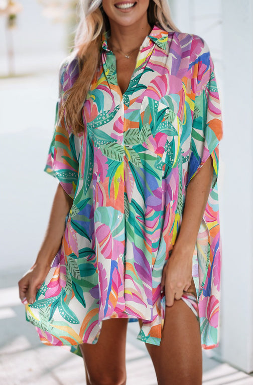 Multicolor Plant Print Button-up Half Sleeve Beach Cover Up - LA Grand