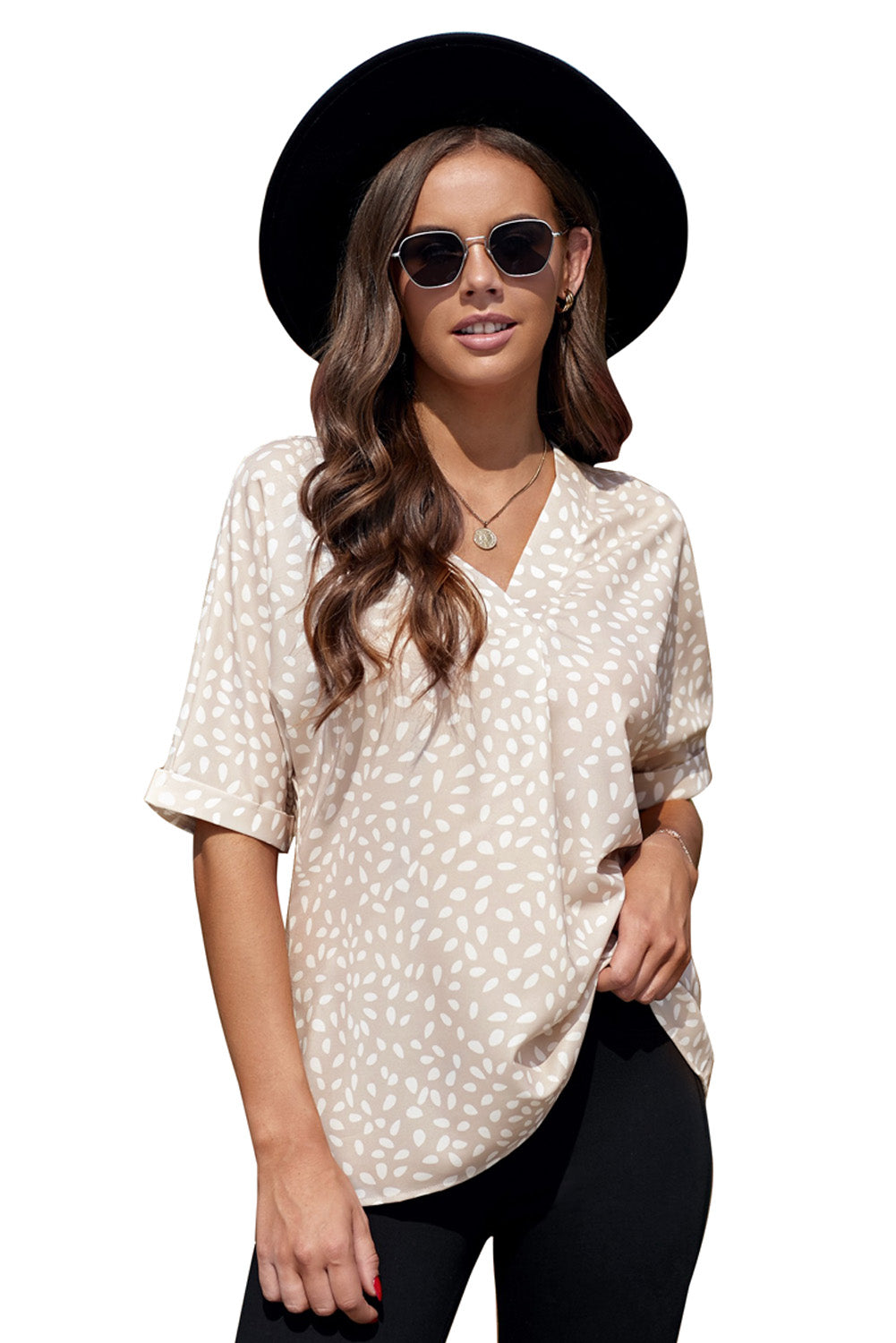 Apricot Animal Print V-neck Rolled Sleeve Tunic Top - LA Grand