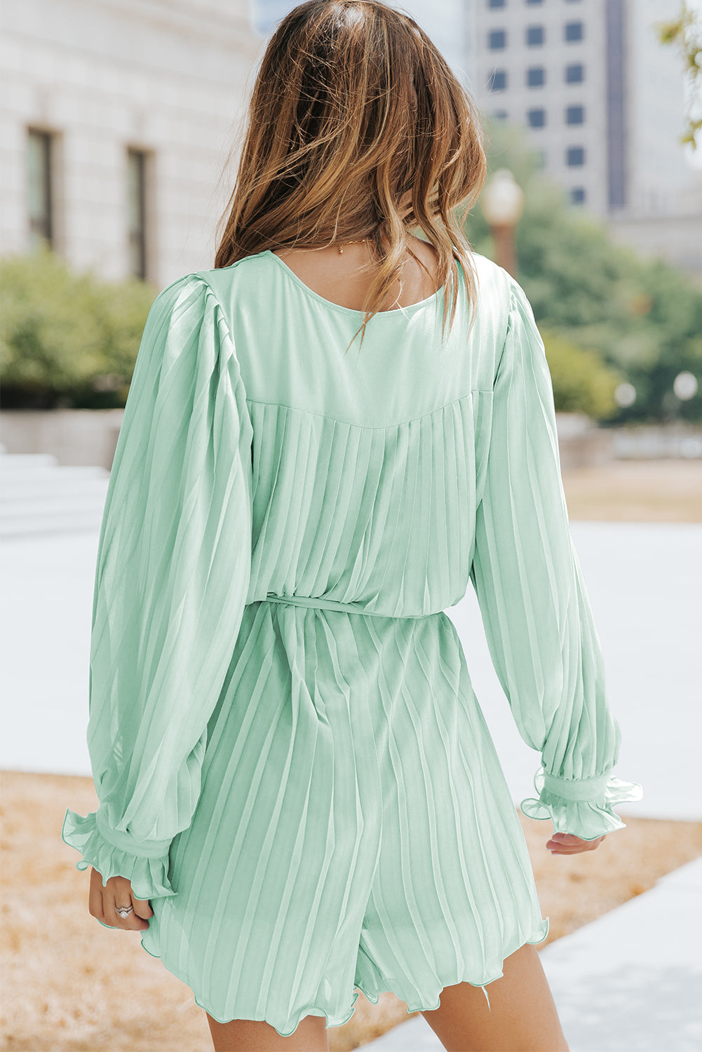 Green Pleated Ruffled Tie Waist Buttons V Neck Romper - LA Grand