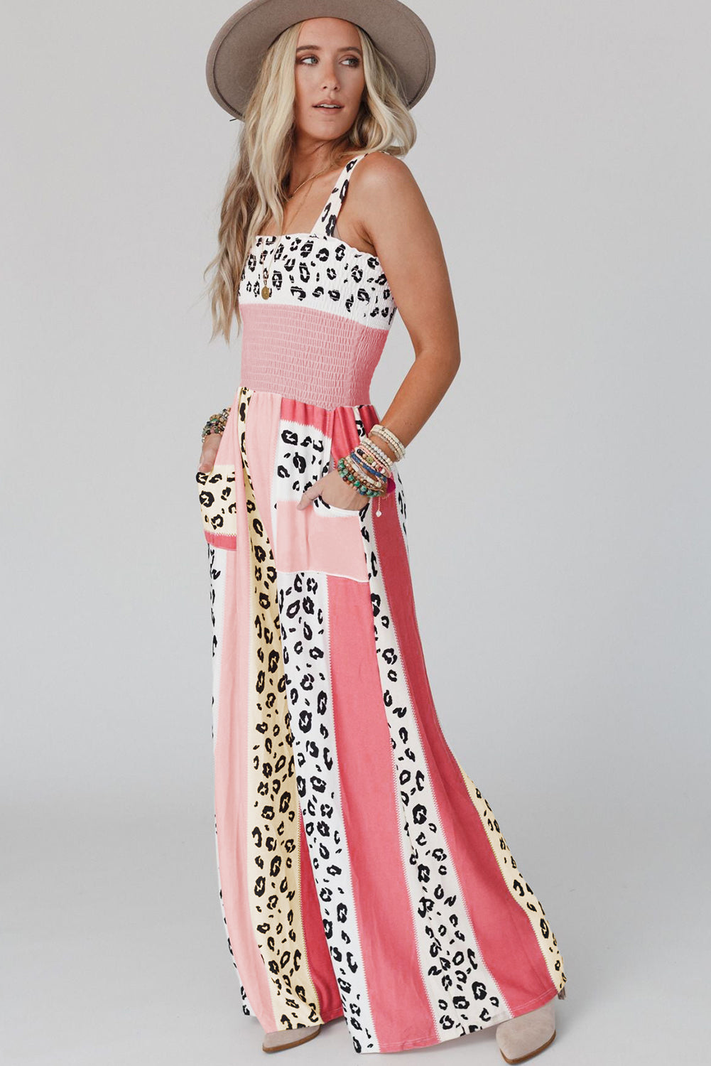 Pink Leopard Color Block Mix Print Pocketed Jumpsuit - LA Grand