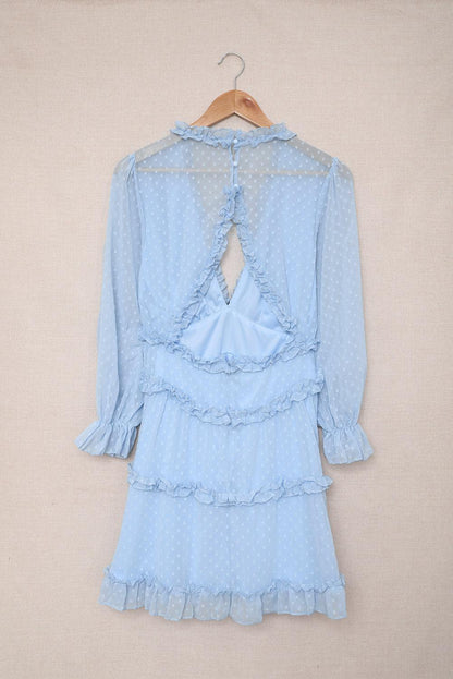 Sky Blue Layered Ruffled Open Back Puff Sleeve Swiss Dot Mini Dress - LA Grand