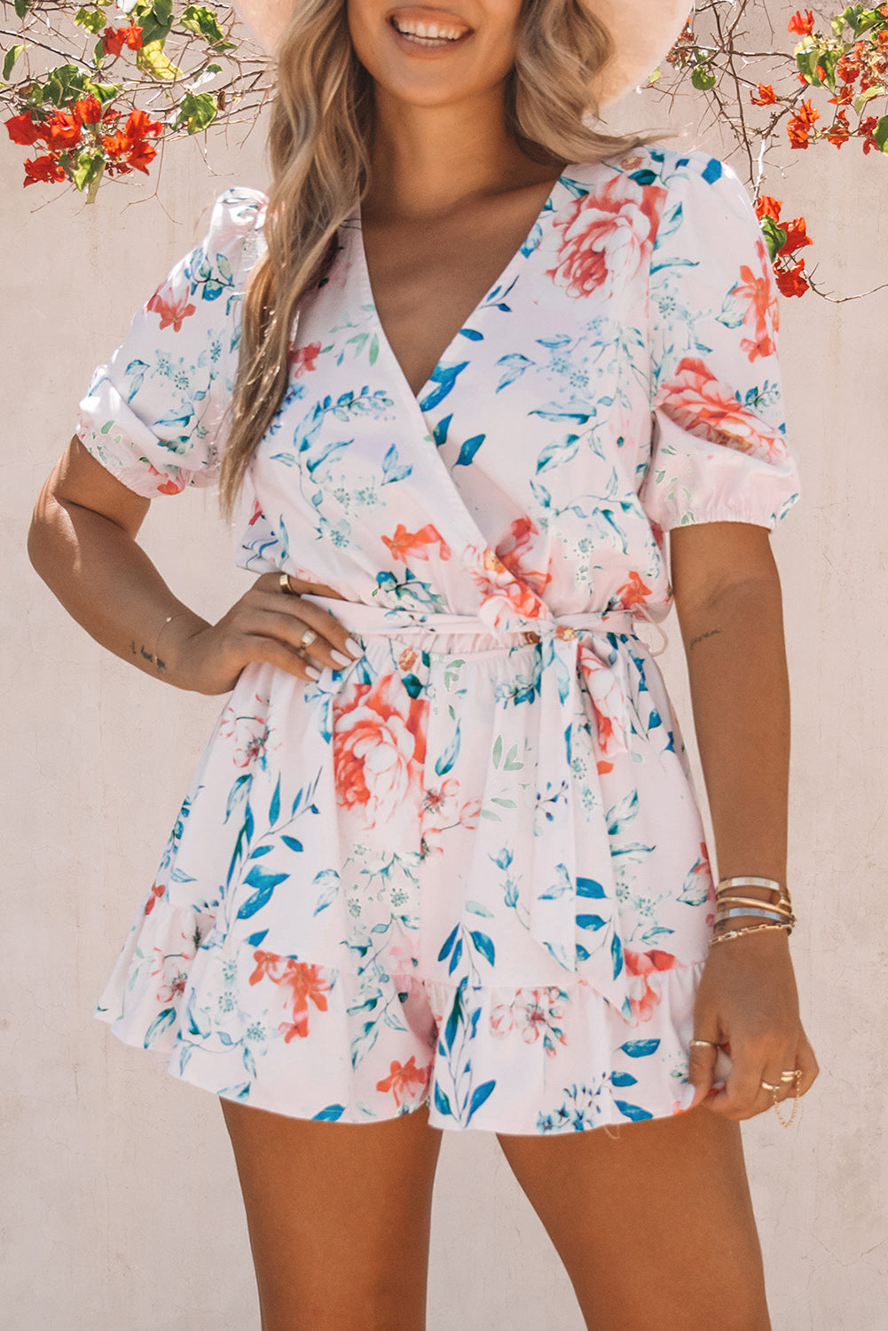 Floral Print Puff Sleeves Romper - LA Grand