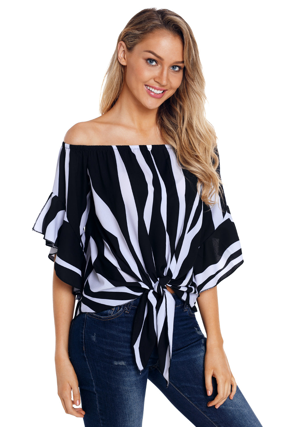 Off The Shoulder Vertical Stripes Blouse in Pink - LA Grand