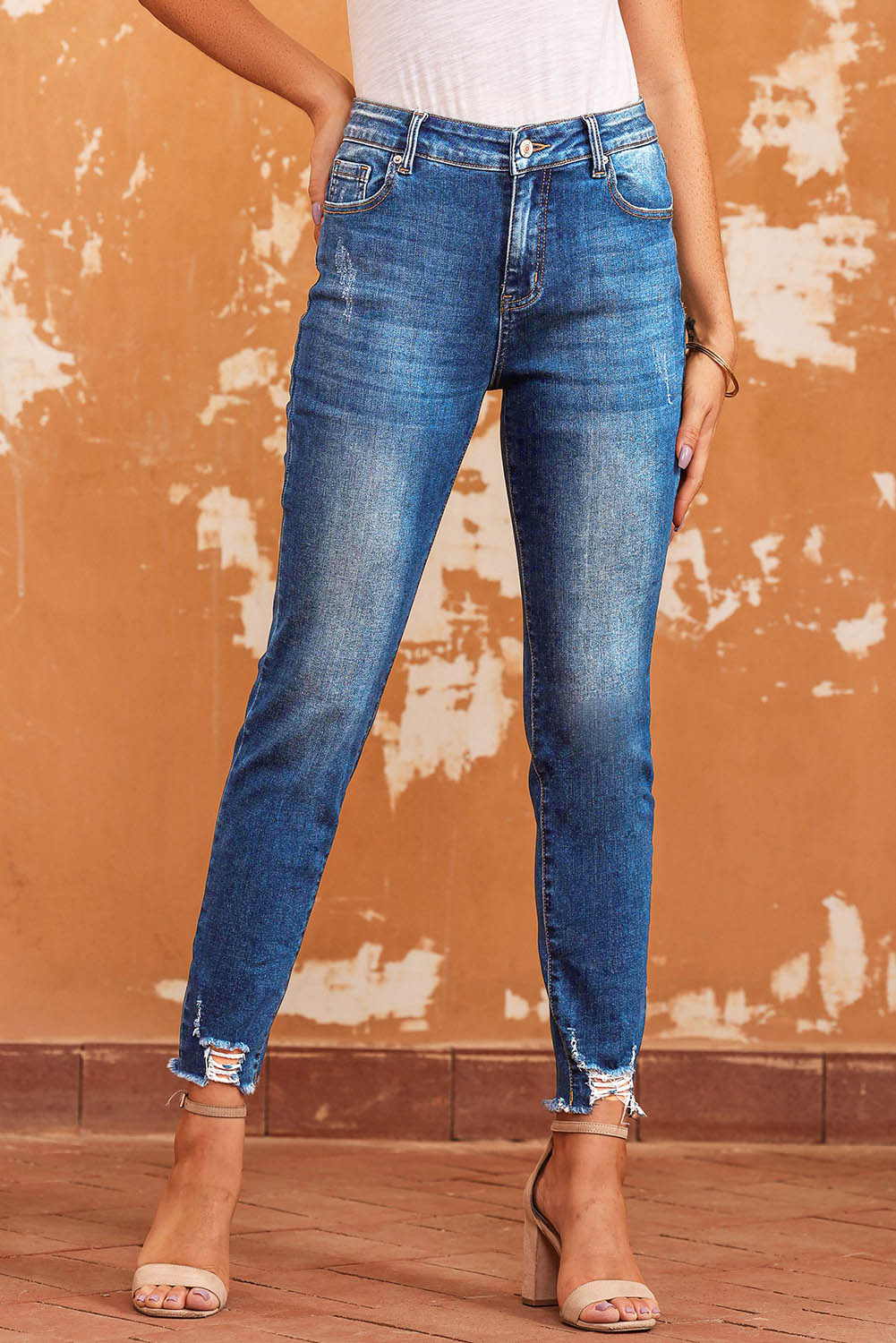 Blue Raw Hem Ankle-length Skinny Jeans - LA Grand