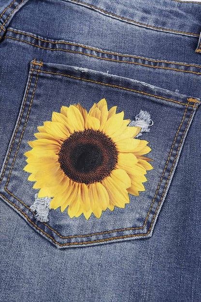 Leopard Patchwork Sunflower Print Distressed High Waist Jeans - LA Grand