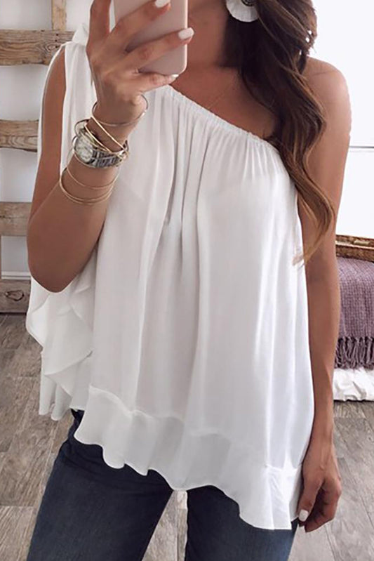 White One Shoulder Sleeveless Ruffle Chiffon Top - LA Grand