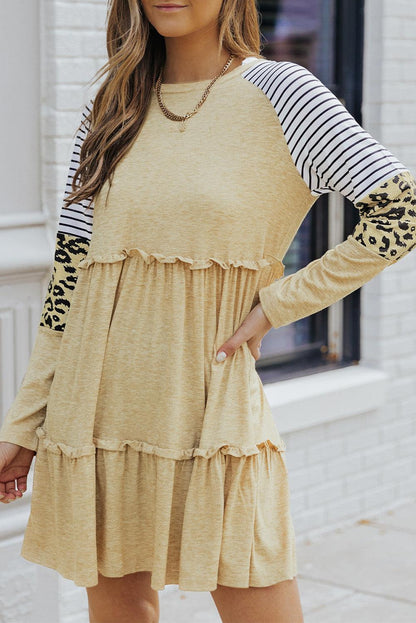 Wild Elegance: Khaki Striped Leopard Patchwork Mini Dress with Long Sleeves - LA Grand