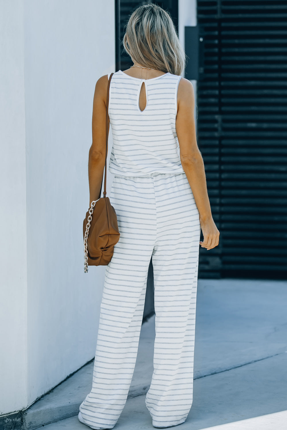 White Striped Print Pocketed Sleeveless Jumpsuit - LA Grand