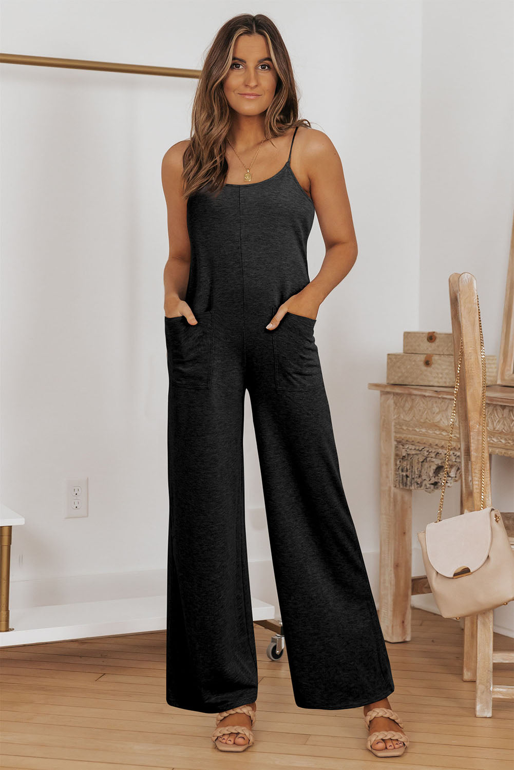 Gray Patch Pockets Spaghetti Strap Wide Leg Jumpsuit - LA Grand