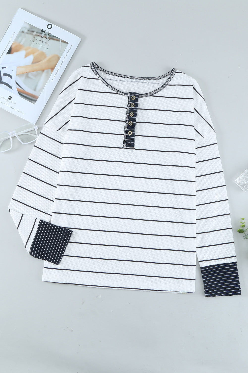 Striped Color Block Buttoned Waffle Knit Shirt - LA Grand