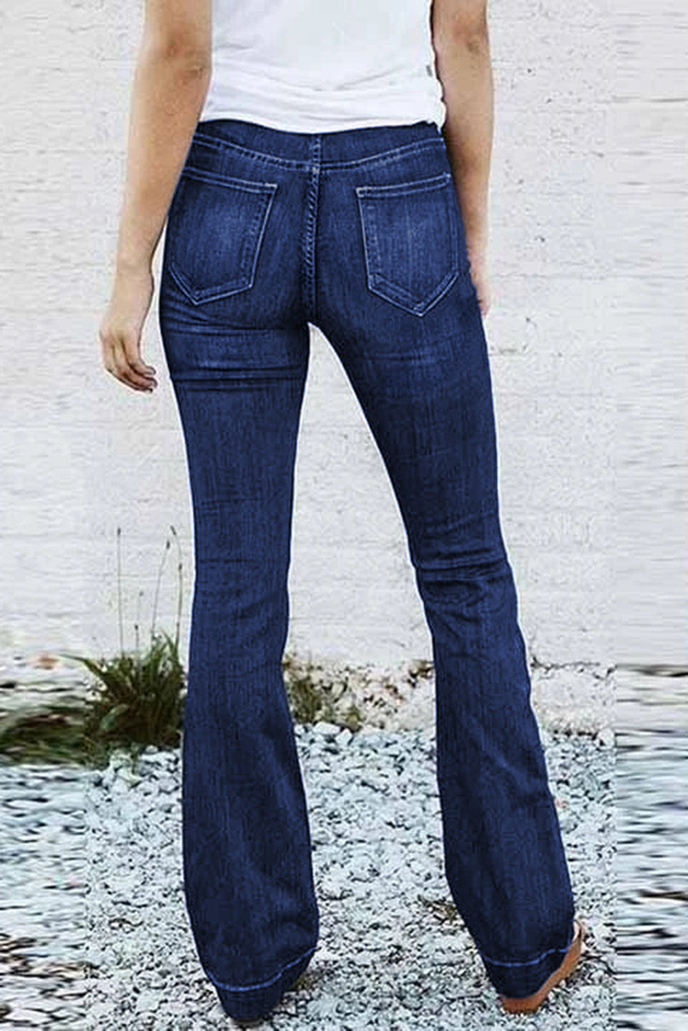 Blue High Rise Elastic Waist Flare Jeans - LA Grand