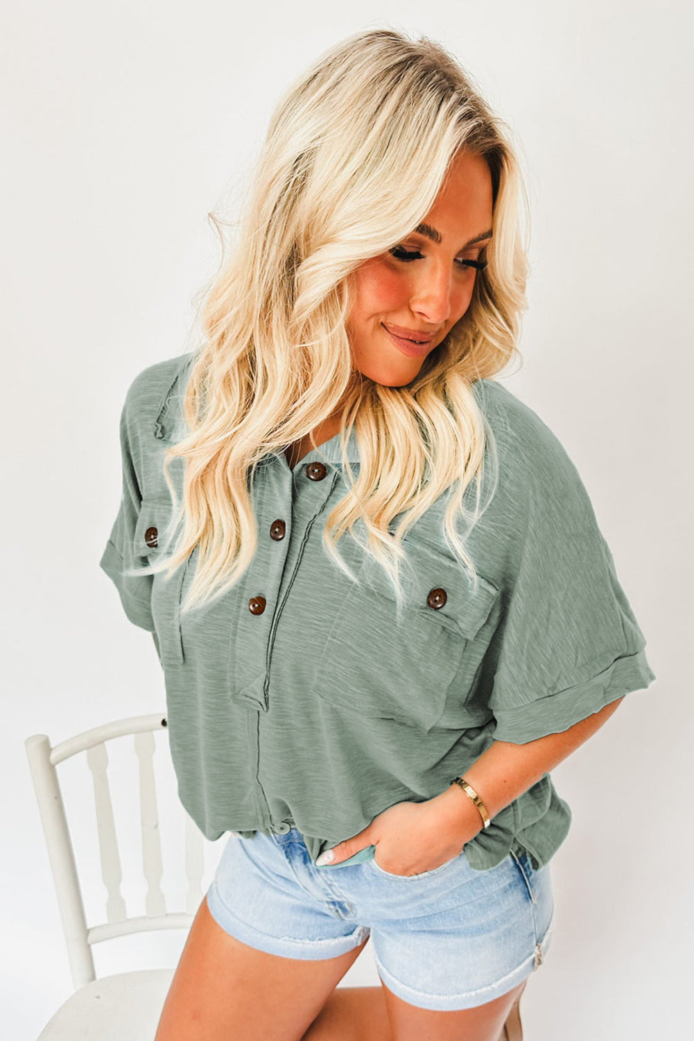 Moonlight Jade Chest Pockets Half Buttoned Collared Blouse - LA Grand