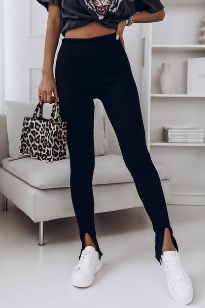 Black Rib Knit High Waist Slit Leggings - LA Grand