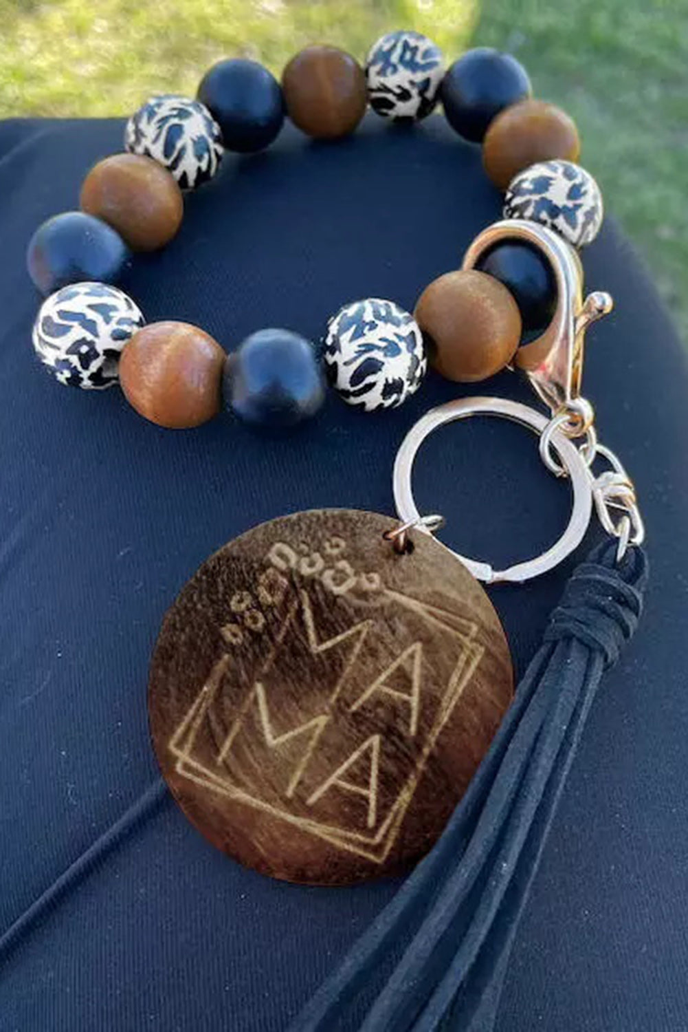 Black Leopard Wood Bead Bracelet Tassel Keychain - LA Grand