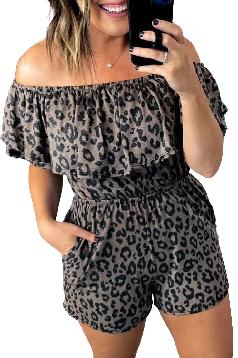 Leopard Off-Shoulder Romper with Pockets - LA Grand