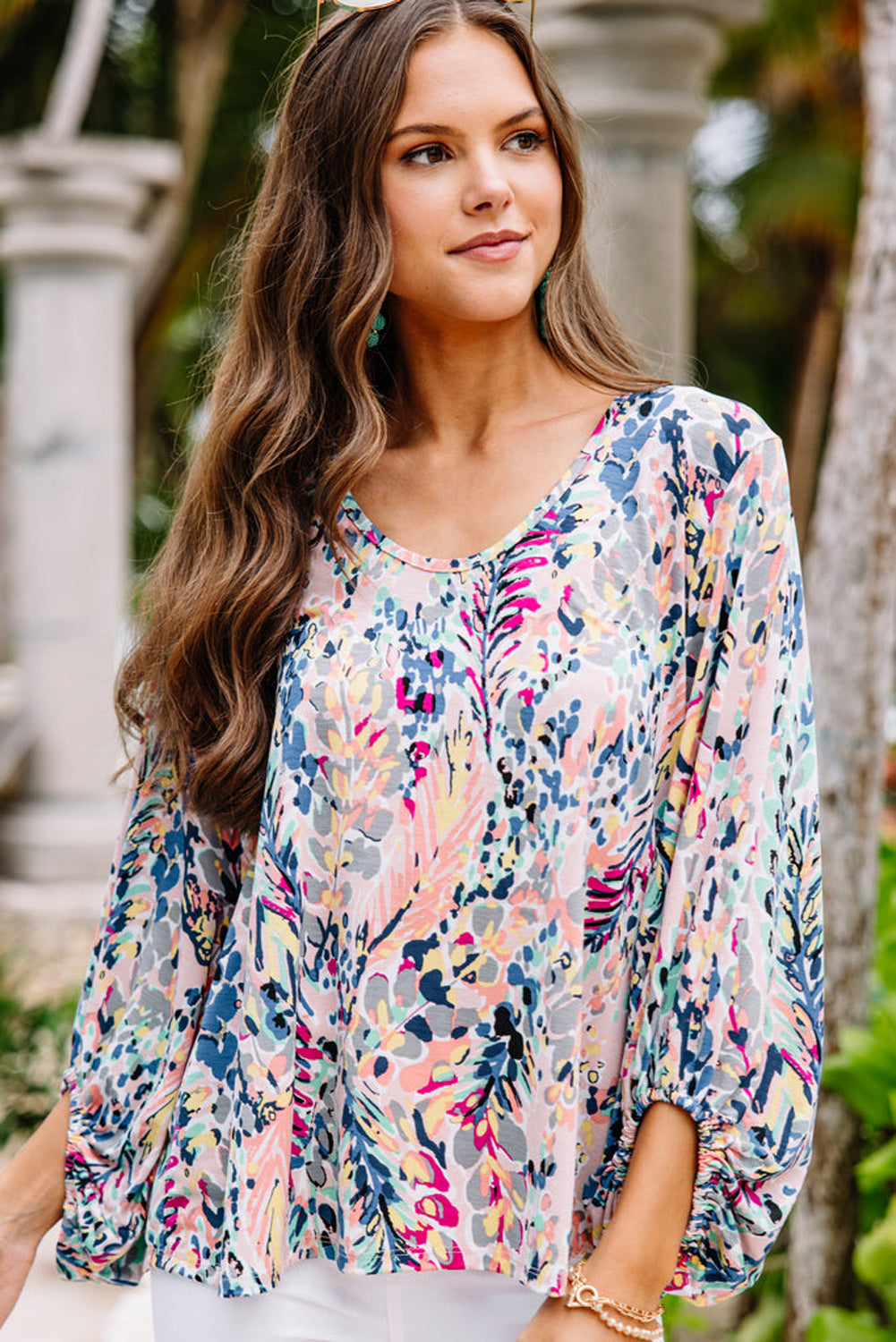 Blue Floral Print Puffy Sleeve Loose Blouse - LA Grand