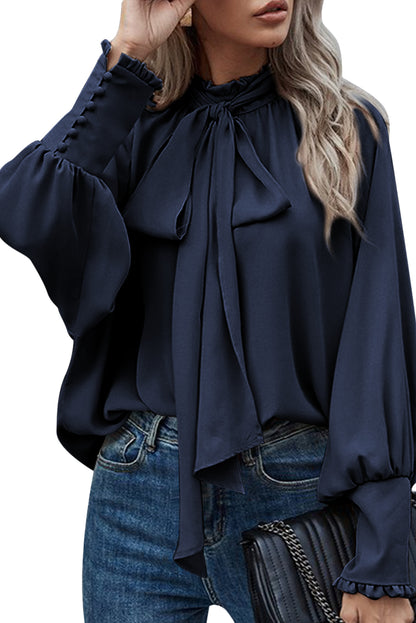 Navy Blue Frilled Knotted Mock Neck Bishop Sleeve Blouse - LA Grand