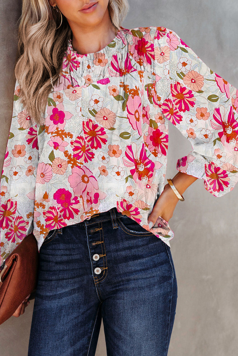 White Floral Frilled Neckline Puff Sleeve Blouse - LA Grand