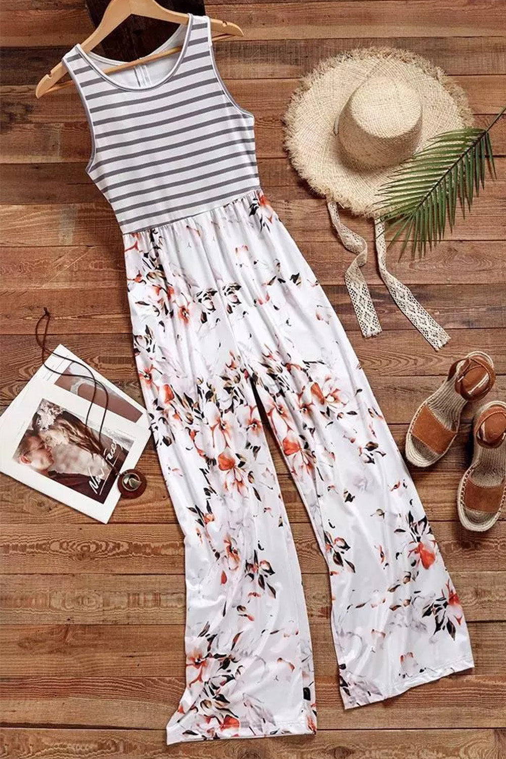 White Striped Floral Pocket Sleeveless Jumpsuit - LA Grand