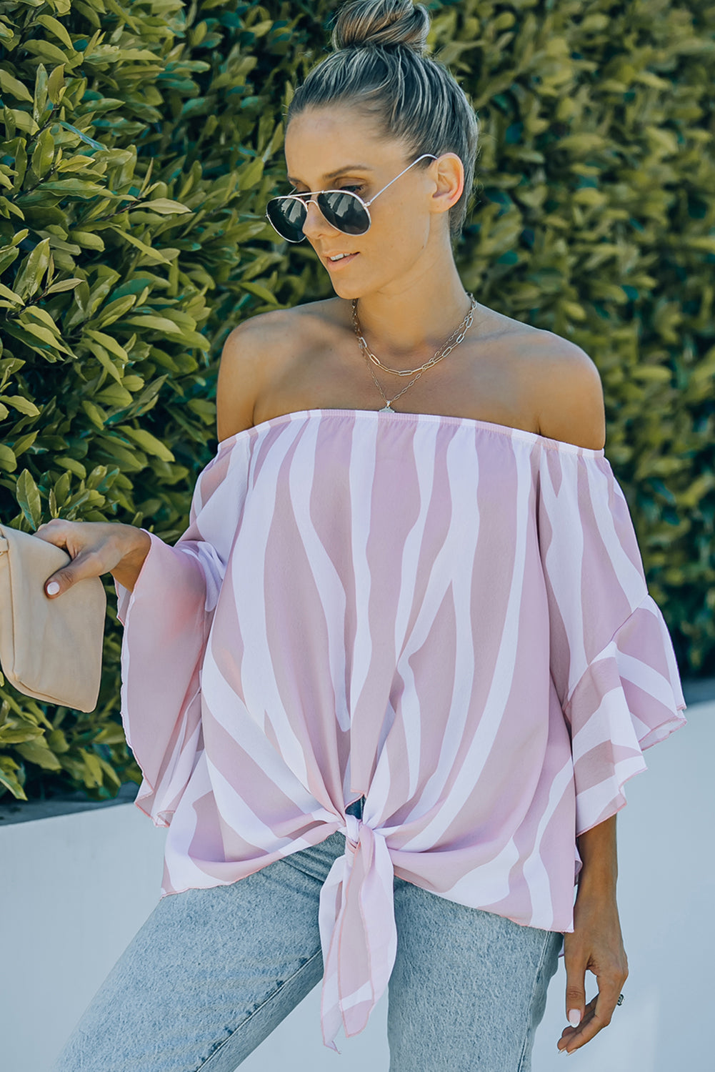 Off The Shoulder Vertical Stripes Blouse in Pink - LA Grand