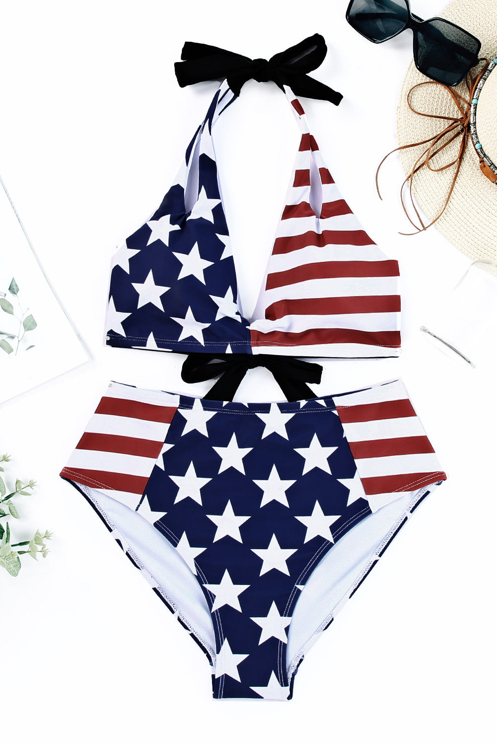 Blue Stars and Stripes Patchwork Flag Pattern Bikini Swimsuit - LA Grand