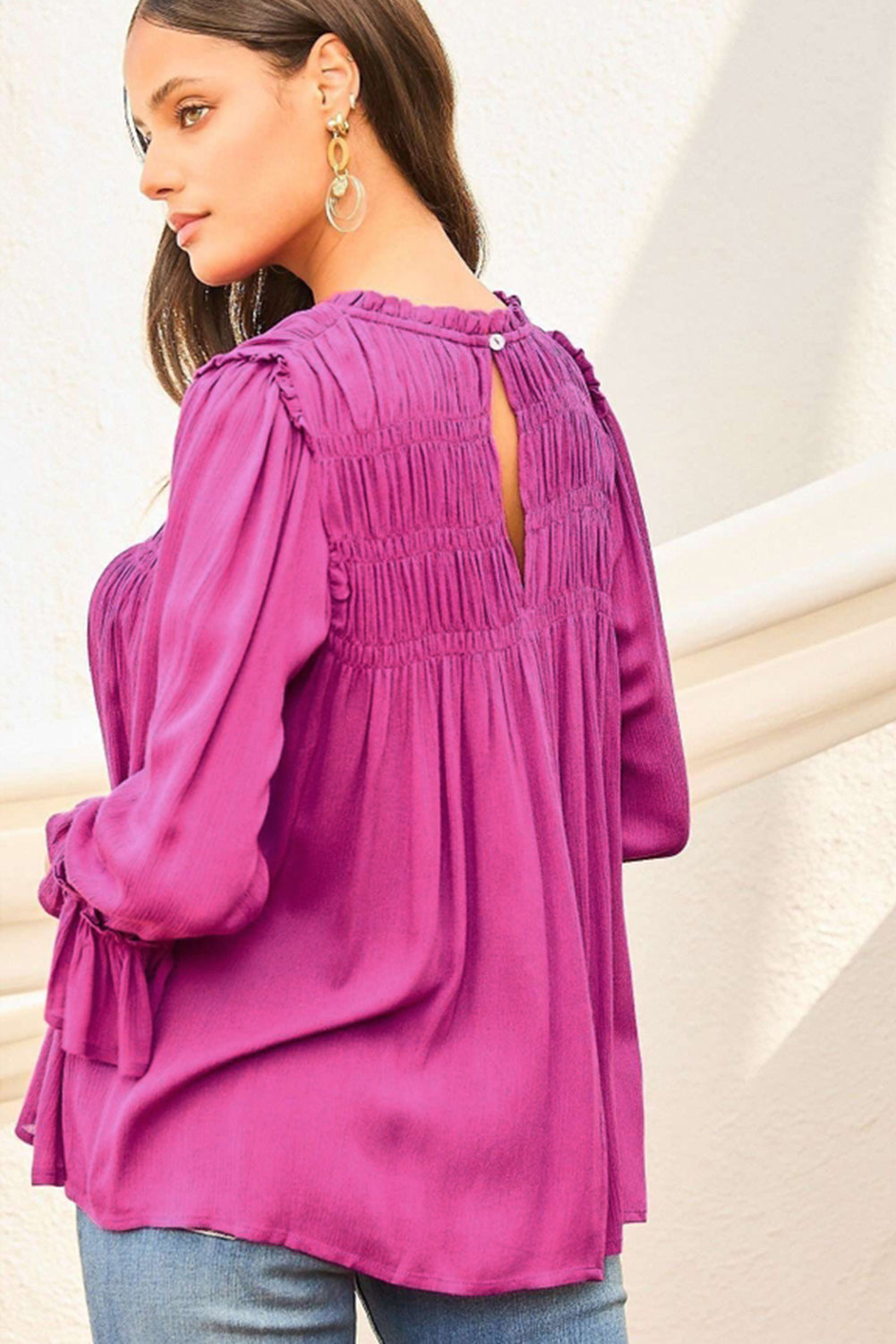 Bright Pink Shirred Button Keyhole Back Flounce Sleeve Blouse - LA Grand